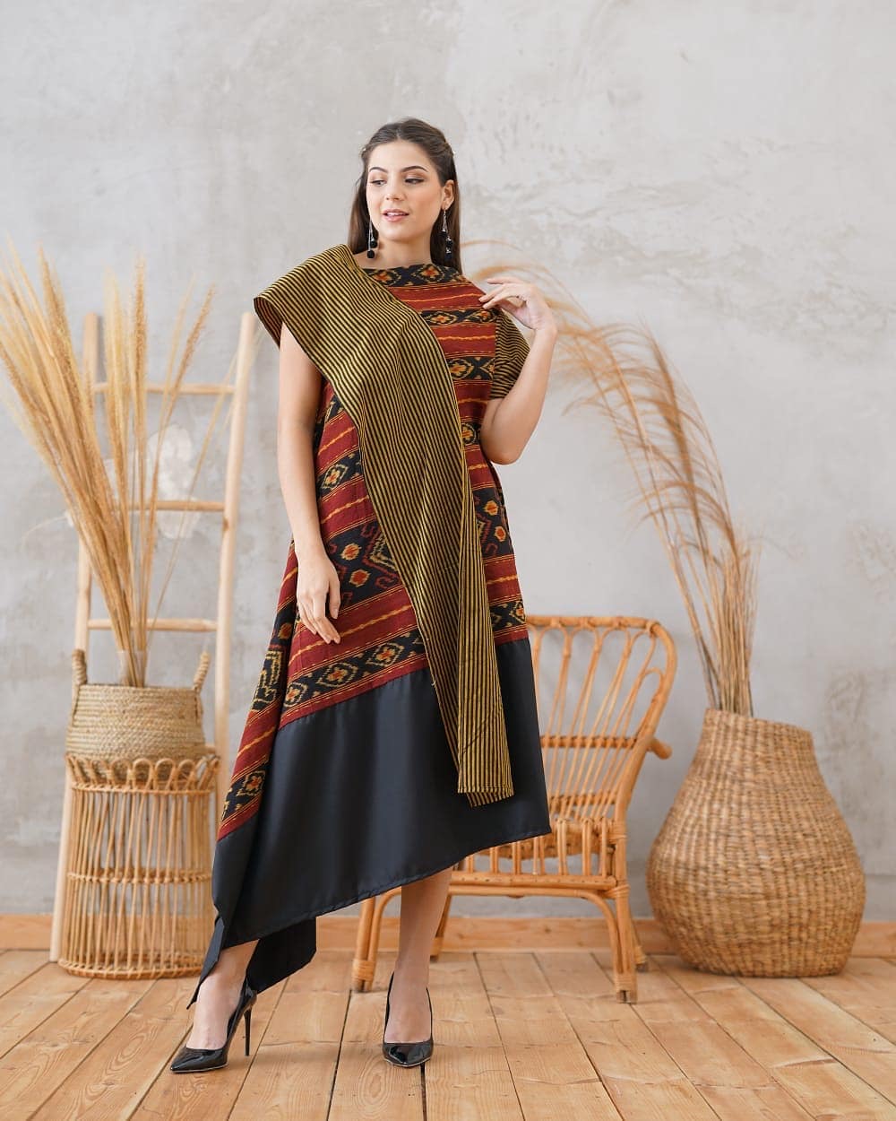Batik dress selempang tabrak motif