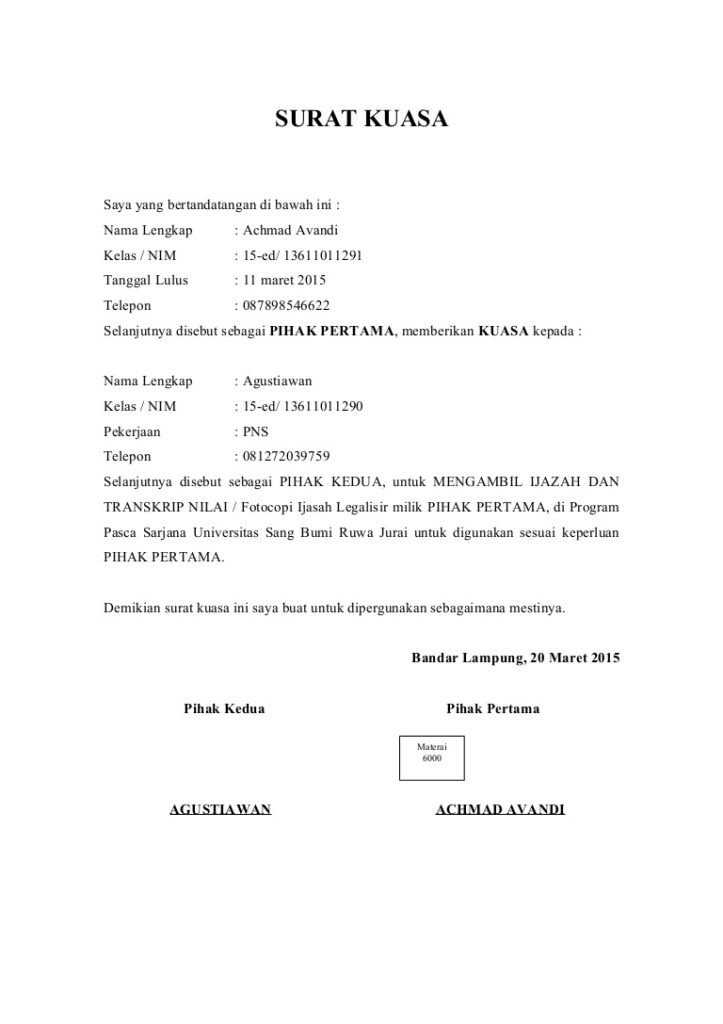 Format Surat Pemberian Kuasa